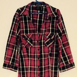 GIRLS PINK/BLACK HIP-LENGTH PLAID BLOUSE M STRETCH